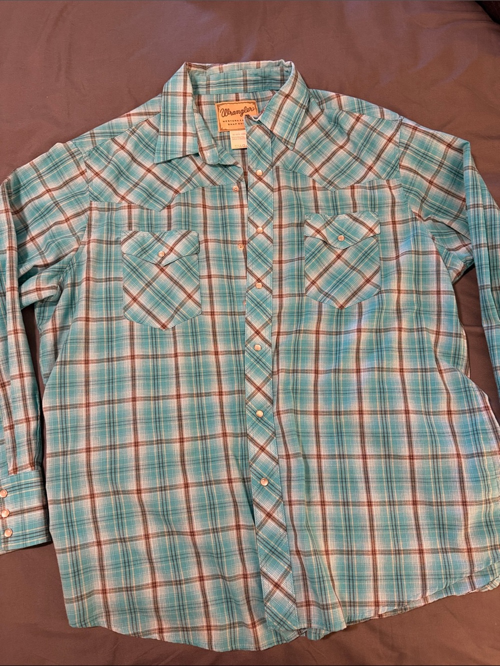 Wrangler Turquoise and Brown Plaid Long-Sleeve Button-Down Shirt